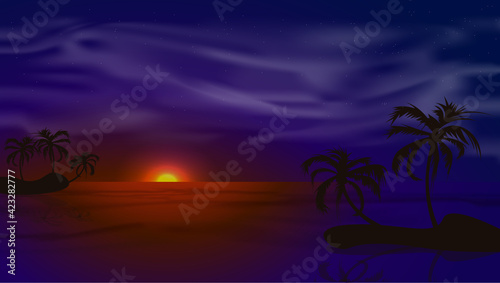 Fototapeta Naklejka Na Ścianę i Meble -  Realistic tropical sunset at seashore with palms. Welcome to paradise. Summer background. Stock vector illustration dark background.