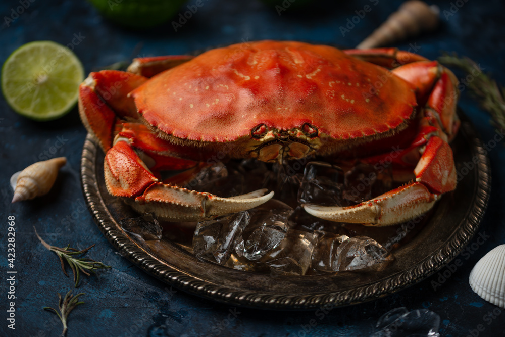 Seafood. Crab cooked on a blue background, with mojito and limes. Seafood. Crab cooked on a blue background, with mojito and limes.