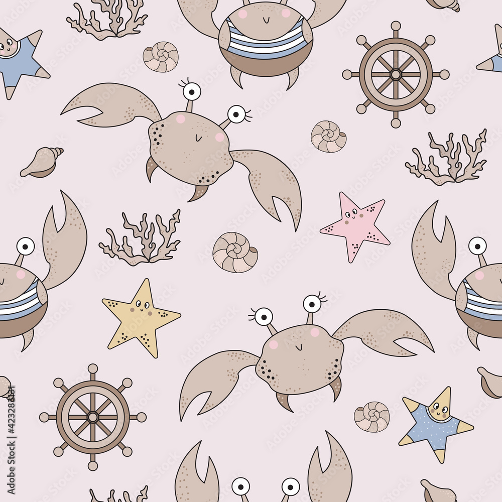 Marine Seamless Pattern. Cute funny crabs with eyes and corals, starfishes and seashells on a light background. Vector. For design, decor, printing, packaging, textiles and wallpaper and decoration