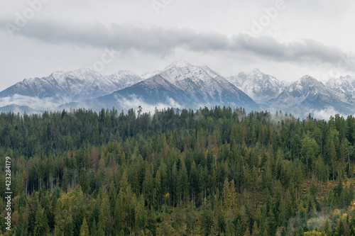 view of the snow-capped peaks of the mountains