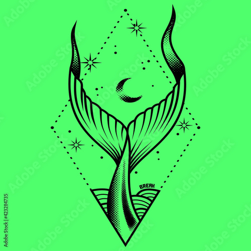 Cartoon mermaid tail sea waves moon black and white- vector art illustration