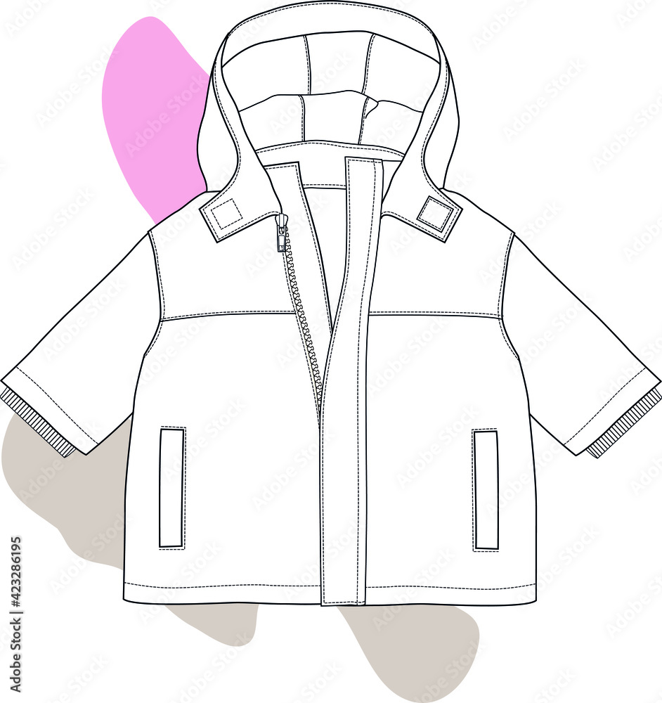 Hooded Raincoat design for baby. Baby Windcheater vector flat sketch