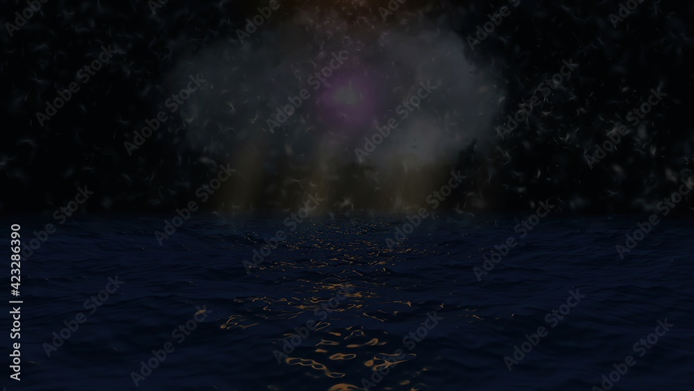 Dark ocean with dreamy feathers and lights background