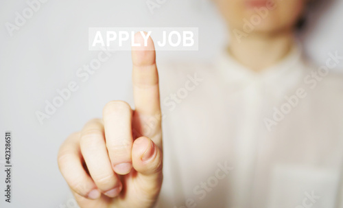Woman press "apply job" button. Online vacancies. Recruitment concept 