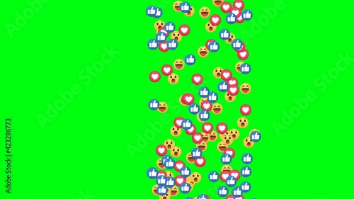 SOCIAL MEDIA ICON FLYING. LIKE HEART SMILE INTERNET SYMBOLS. GREEN BACKGROUND CHROME KEY ANIMATION