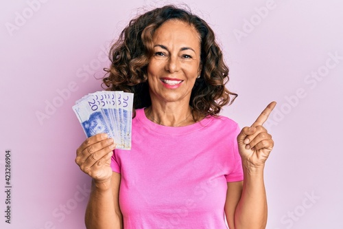 Middle age hispanic woman holding swedish krona banknotes smiling happy pointing with hand and finger to the side