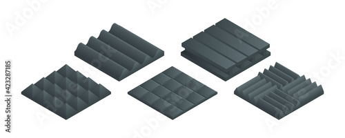 Isometric vector illustration soundproof panel of polyurethane foam isolated on white background. Realistic soundproofing material block icon in flat cartoon style. Acoustic soundproofing.