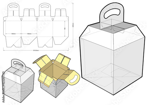 Cake Box with handle and Die-cut Pattern. The .eps file is full scale and fully functional. Prepared for real cardboard production.