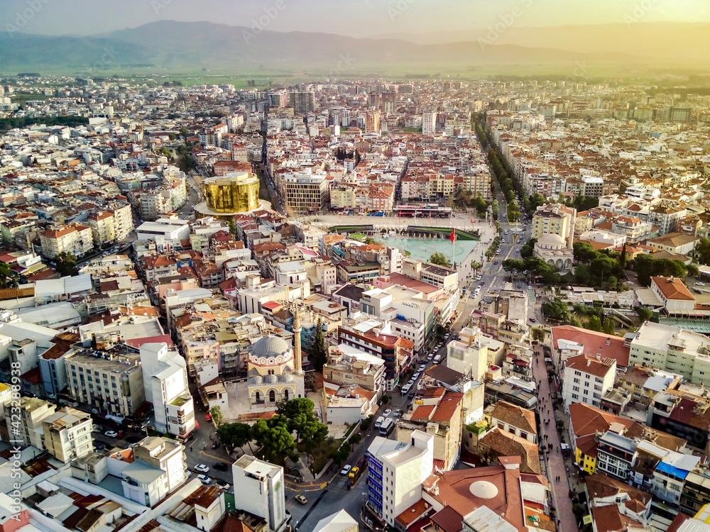 Obraz premium Aerial photograph of the capital of Aydin province - Aydin city from high point of drone fly in sunny day in Turkey.