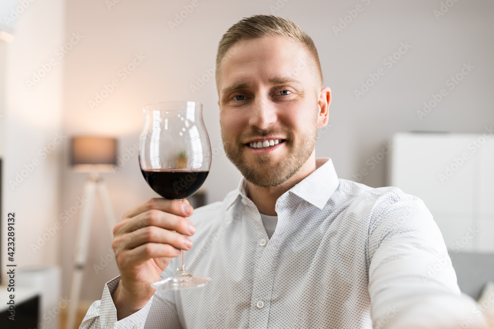 Smile Young Man Wine Video Conference Smile Young Man Wine Video Conference