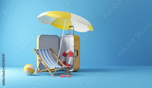 Summer Concept. Suitcase with Different Accessories for Vacation on studio background