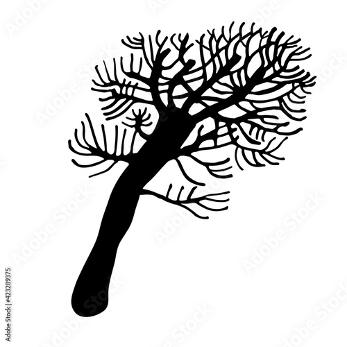 Black silhouette of stylized tree without leaves in freehand doodle style isolated on white background. Vector design for create textile, wallpaper, wall panel, poster, organic package, decorations