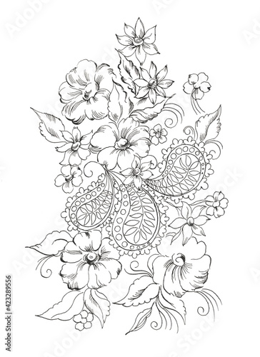Coloring page outline of turkish cucumbers with flowers and leaves - Calligraphy pen and ink hand drawn sketch isolated on white background