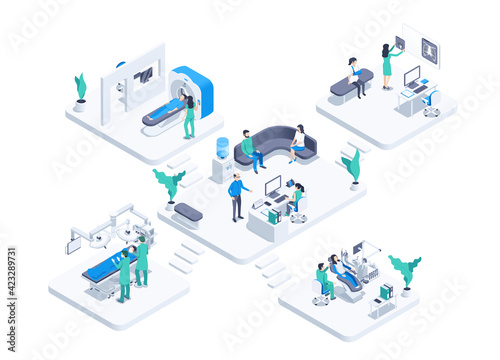 isometric vector illustration isolated on white background, medical center offices with patients and doctors, operating room and tomograph, x-ray and stomatology