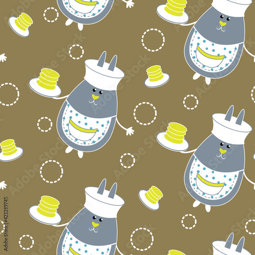 seamless background with gray toasted kind hare or rabbit with a plate of pancakes. vector