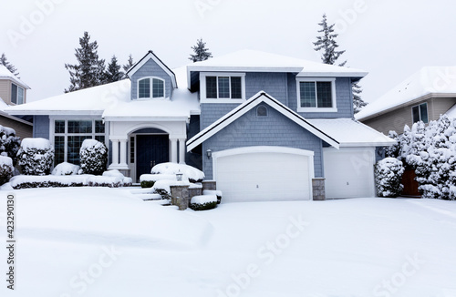 Canvas-taulu Curbside view of home during winter snowstorm with light snow coming down