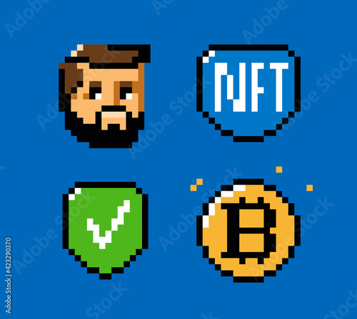 NFT, token, blockchain icon set. Digital currency pixel art vector