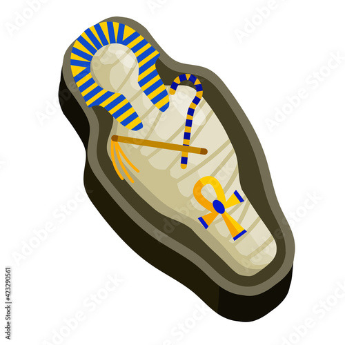 Mummy in sarcophagus. Body of Pharaoh. Egyptian king. Archaeology and Halloween monster. Golden scepter and symbol of immortality. Flat cartoon illustration