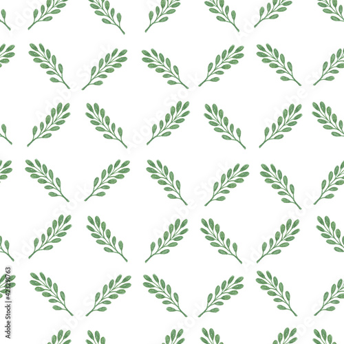 Green leaves in diagonal simple seamless pattern, natural repeat geometry ornament, watercolor illustration for textile, gift paper, eco-friendly holiday decor