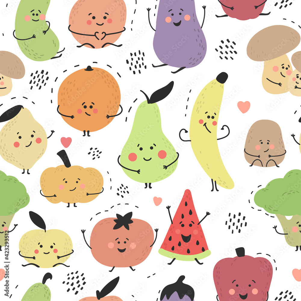Cute hand drawn fruits and vegetables. Cartoon doodle style. Funny  characters. Colorful summer print. Orange, banana, potato, pear,  watermelon, cucumber, lemon, mushrooms. Vector seamless pattern. Stock  Vector | Adobe Stock