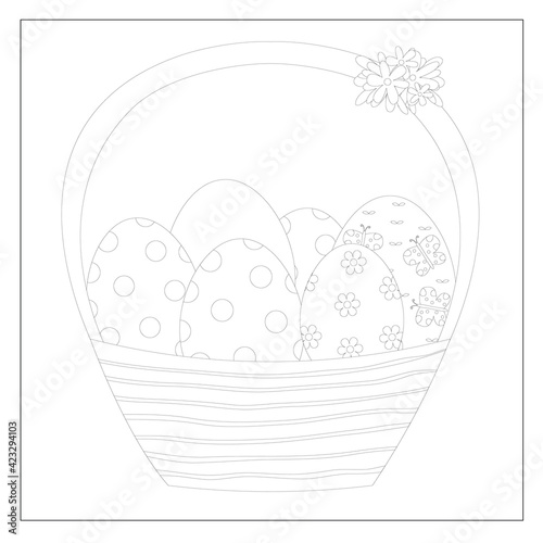 Easter Basket, Black and White Doodle Easter Eggs in the basket. Coloring book for adults for relax and meditation. Vector isolated elements