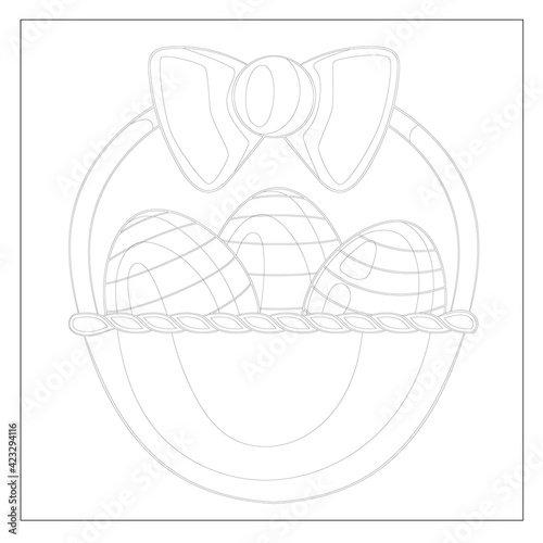 Easter Basket, Black and White Doodle Easter Eggs in the basket. Coloring book for adults for relax and meditation. Vector isolated elements
