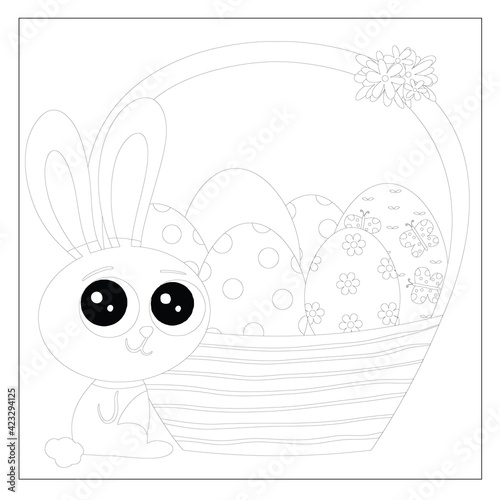 Easter bunny rabbit cartoon character with a basket full of painted Easter eggs. In black and white outline.