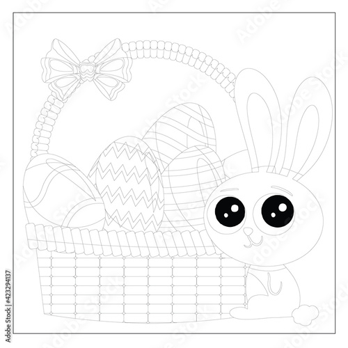 Easter bunny rabbit cartoon character with a basket full of painted Easter eggs. In black and white outline.