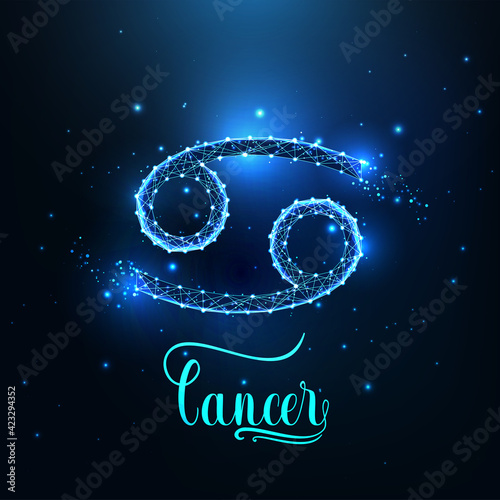 Futuristic glowing low polygonal Cancer zodiac sign concept on dark blue background.
