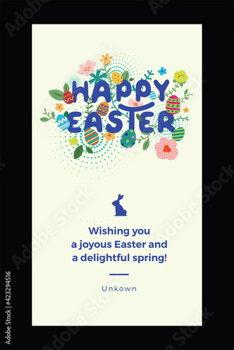 Happy easter greeting card. Easter spring hand drawn flowers background. Colorful Happy Easter greeting card with flowers and eggs. 