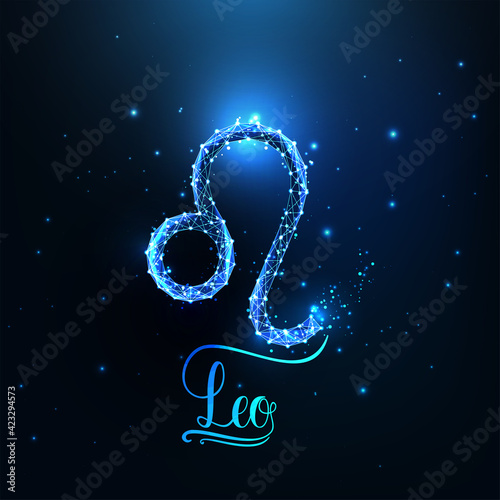 Futuristic glowing low polygonal Leo zodiac sign concept on dark blue background.