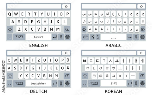 Mobile phone virtual keyboards: English, Arabic, German, Korean alphabet