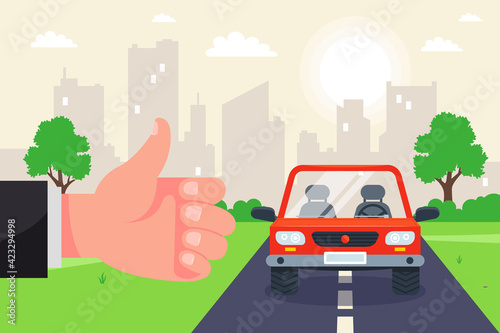 catch a car on the hitchhiking track. travel by car around the country. flat vector illustration.