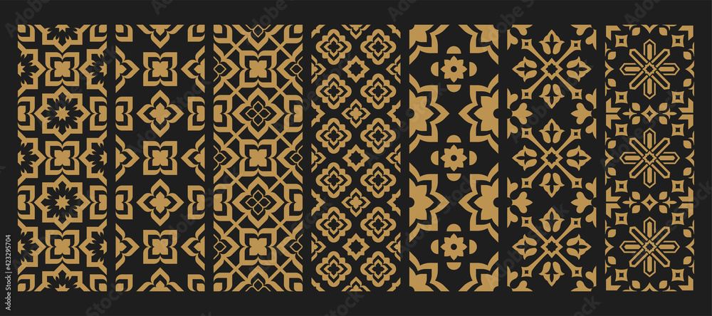 Set arabic oriental ornamental floral abstract arabesque seamless patterns. Golden East motif pattern on black background vector illustration