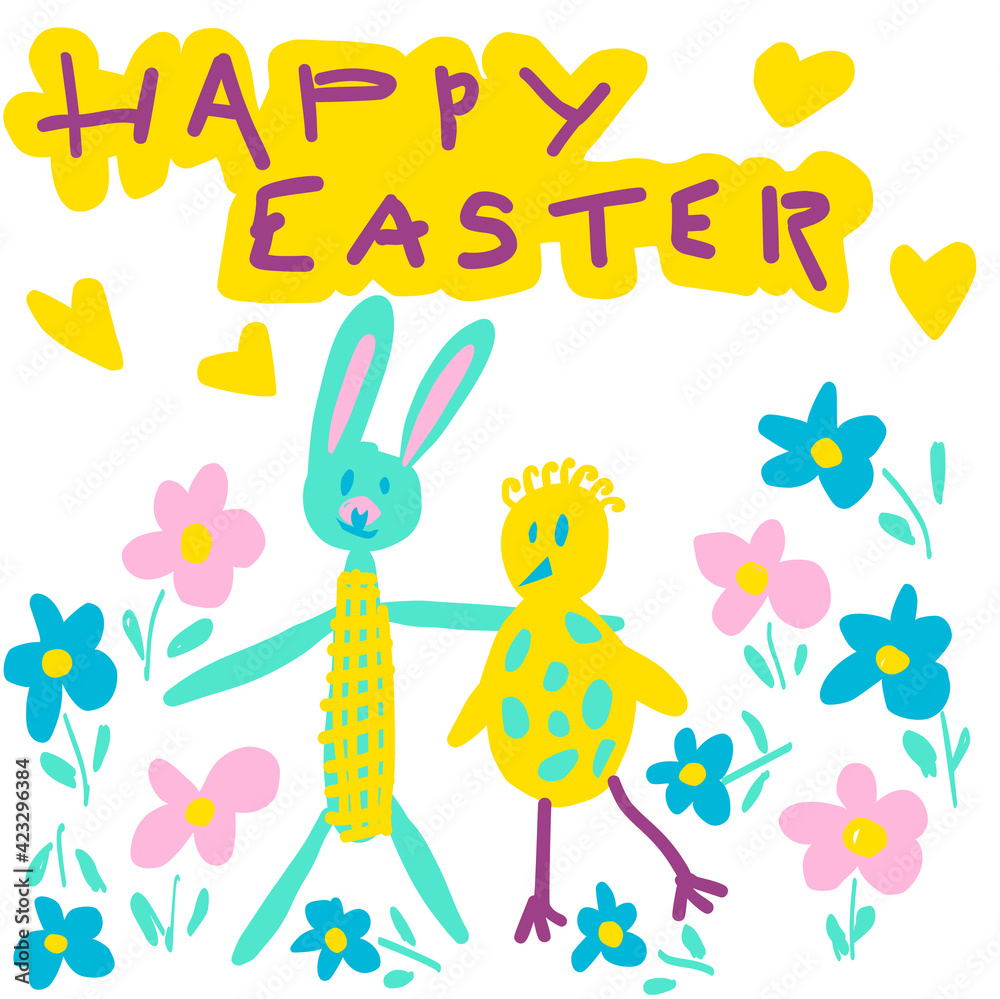 Happy Easter. Hand drawn children drawing vector illustration for poster, cover or postcard.Isolated on white background and handwritten text