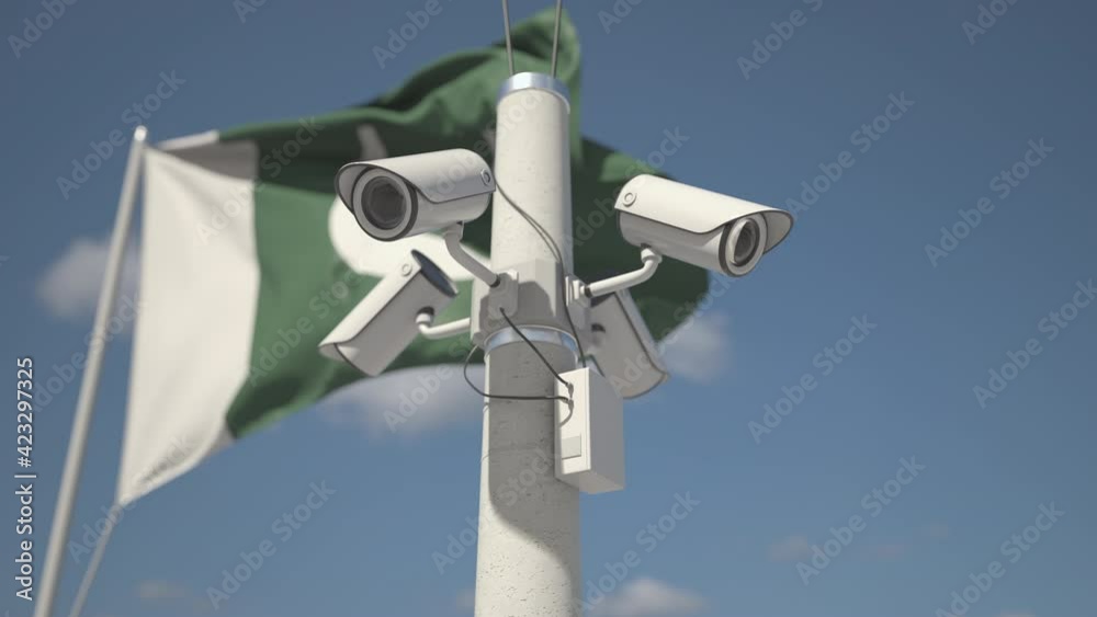 Outdoor security cameras on the pole near flag of Pakistan. Looping 3d animation Outdoor security cameras on the pole near flag of Pakistan. Looping 3d animation