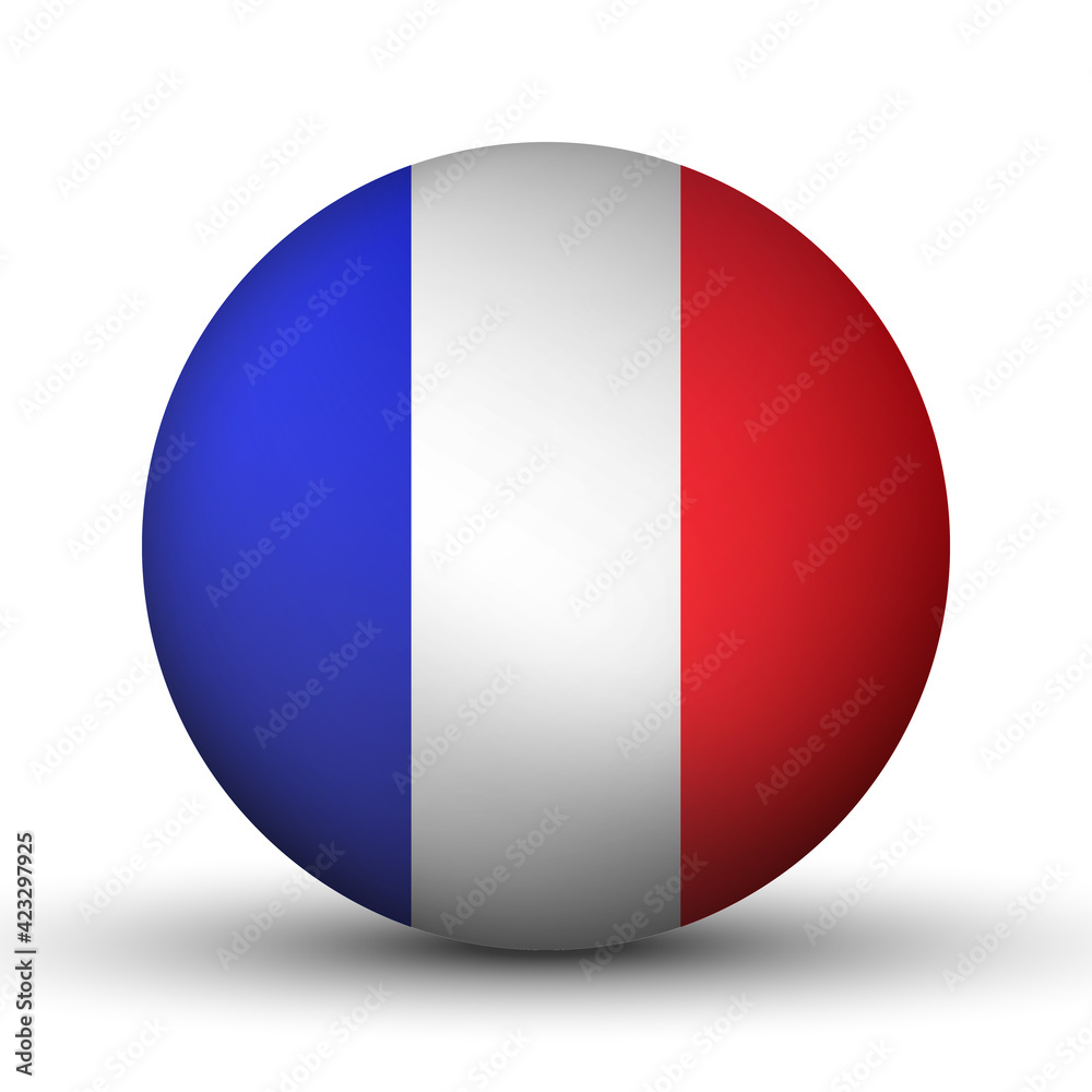 Glass light ball with flag of France. Round sphere, template icon. French national symbol. Glossy realistic ball, 3D abstract vector illustration highlighted on a white background. Big bubble Glass light ball with flag of France. Round sphere, template icon. French national symbol. Glossy realistic ball, 3D abstract vector illustration highlighted on a white background. Big bubble