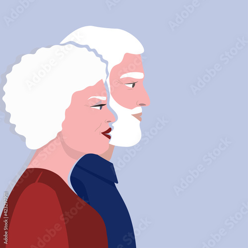 Portrait of an elderly man and woman, husband and wife. Old men male and female are looking in profile in the same direction. The concept of relationships, psychology, and love between people. Vector.