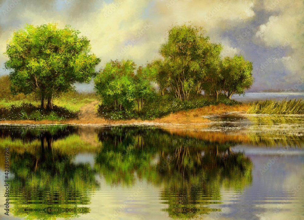 Obraz premium Oil paintings summer landscape, landscape with grass and sun, reflection of trees in water, lake in the forest. Fine art.