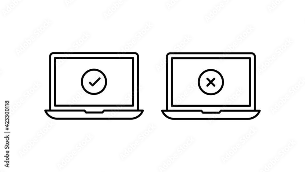 Black laptop with tick and cross icons. computer device notebook device gadget . Isolated outline icon . alpha channel. Black laptop with tick and cross icons. computer device notebook device gadget . Isolated outline icon . alpha channel.