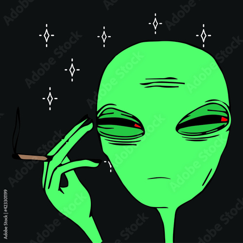 Green Martian alien head cartoon cigar weed- vector art illustration