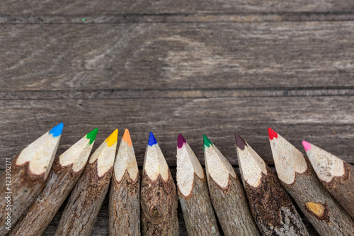 Crayons made of untreated wood, unique and with real tree bark on wooden board with copy space for students, artists photo