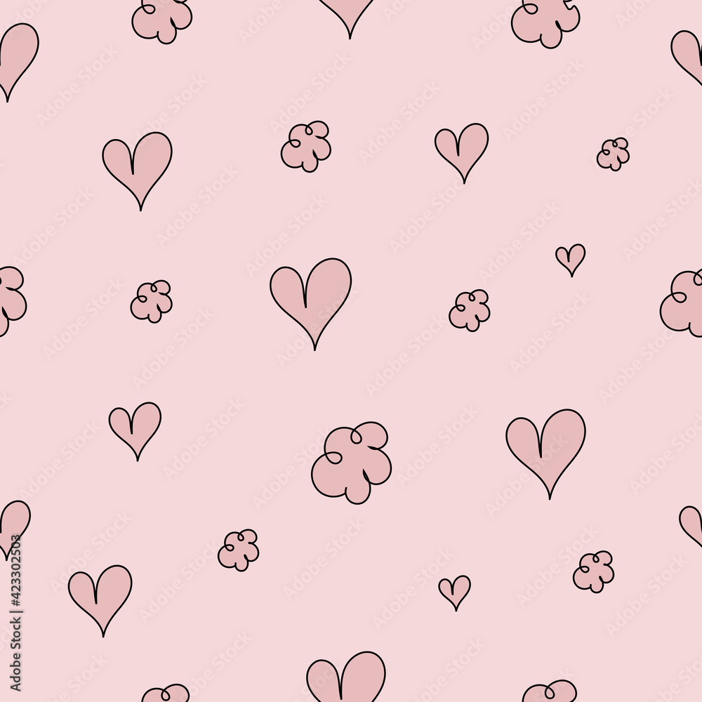 Cute sweet pink pattern. Dusty rose seamless pattern pink. Black outline seamless background.