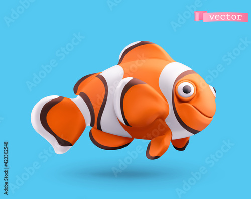 Clownfish 3d realistic vector icon. Funny small fish cartoon character