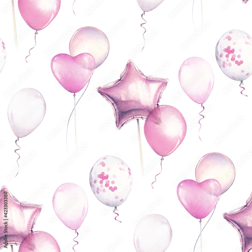 Watercolor baby baloons pattern. Pink baloons on the white background. For design, print or background