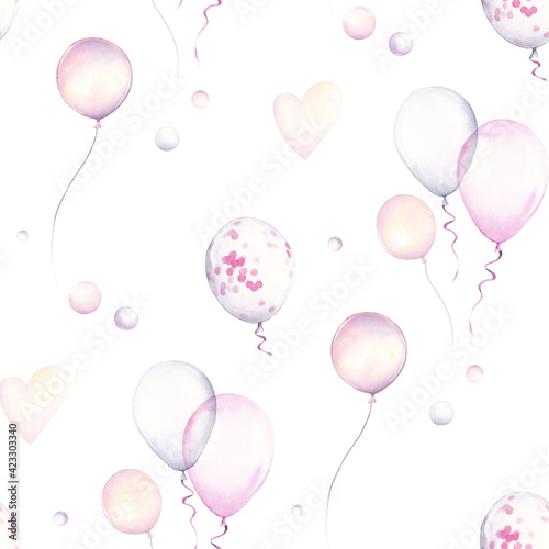 Seamless pattern with colorful flying balloons. Watercolor baloons pattern