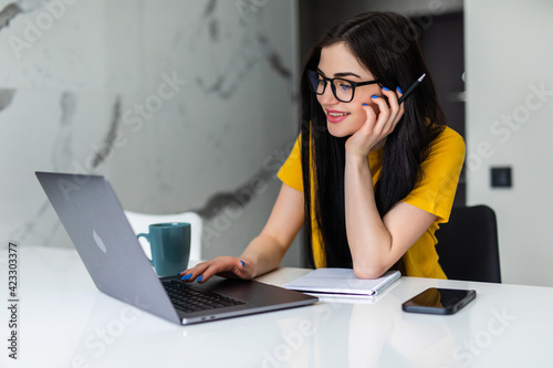 Smiling prettty woman working on laptop computer while sitting at the kitchen table photo