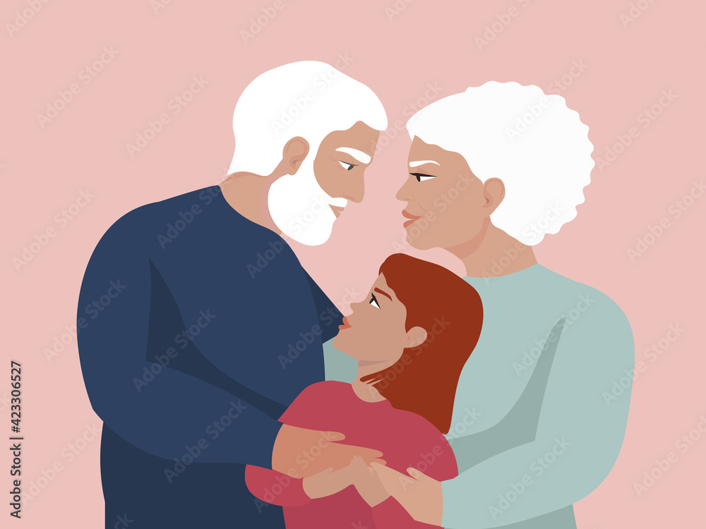 Family grandmother, grandfather, granddaughter hug, look into each other's eyes. The concept of love between different generations, old and young. An elderly couple with a gray head. Vector graphics.