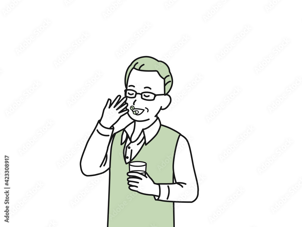 錠剤 サプリ 薬を飲む 年配の男性 シニア 高齢者 健康 イラスト素材 錠剤 サプリ 薬を飲む 年配の男性 シニア 高齢者 健康 イラスト素材