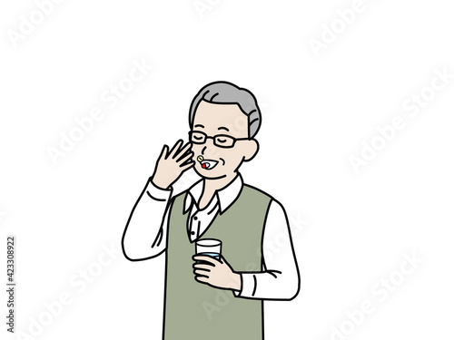 錠剤　サプリ　薬を飲む　年配の男性　シニア　高齢者　健康　イラスト素材